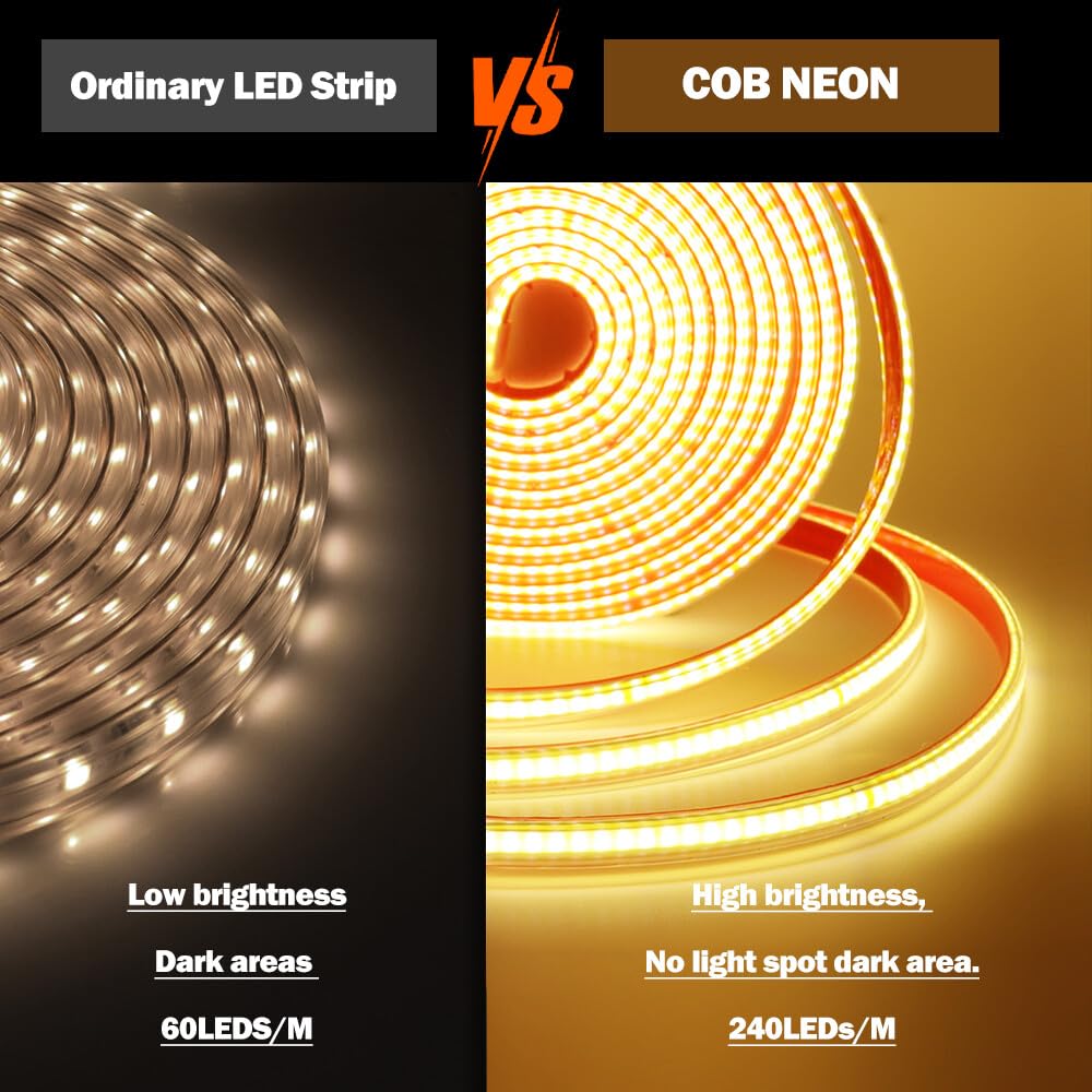 Tira LED COB 220V autoadhesiva [50M, Blanco cálido 3000-3500K], IP65 impermeable flexible, 240 LEDs/m tira LED cortable CRI85+, iluminación decorativa para hogares y tiendas