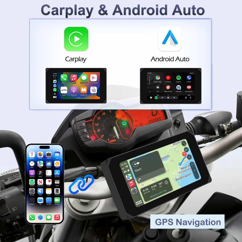 Dashcam per moto VSYSTO, 5,0 pollici, impermeabile, touchscreen per auto e Android con doppia telecamera anteriore e posteriore 150°, 1080P, visione notturna, navigazione GPS, telecomando (CS5-Pro)