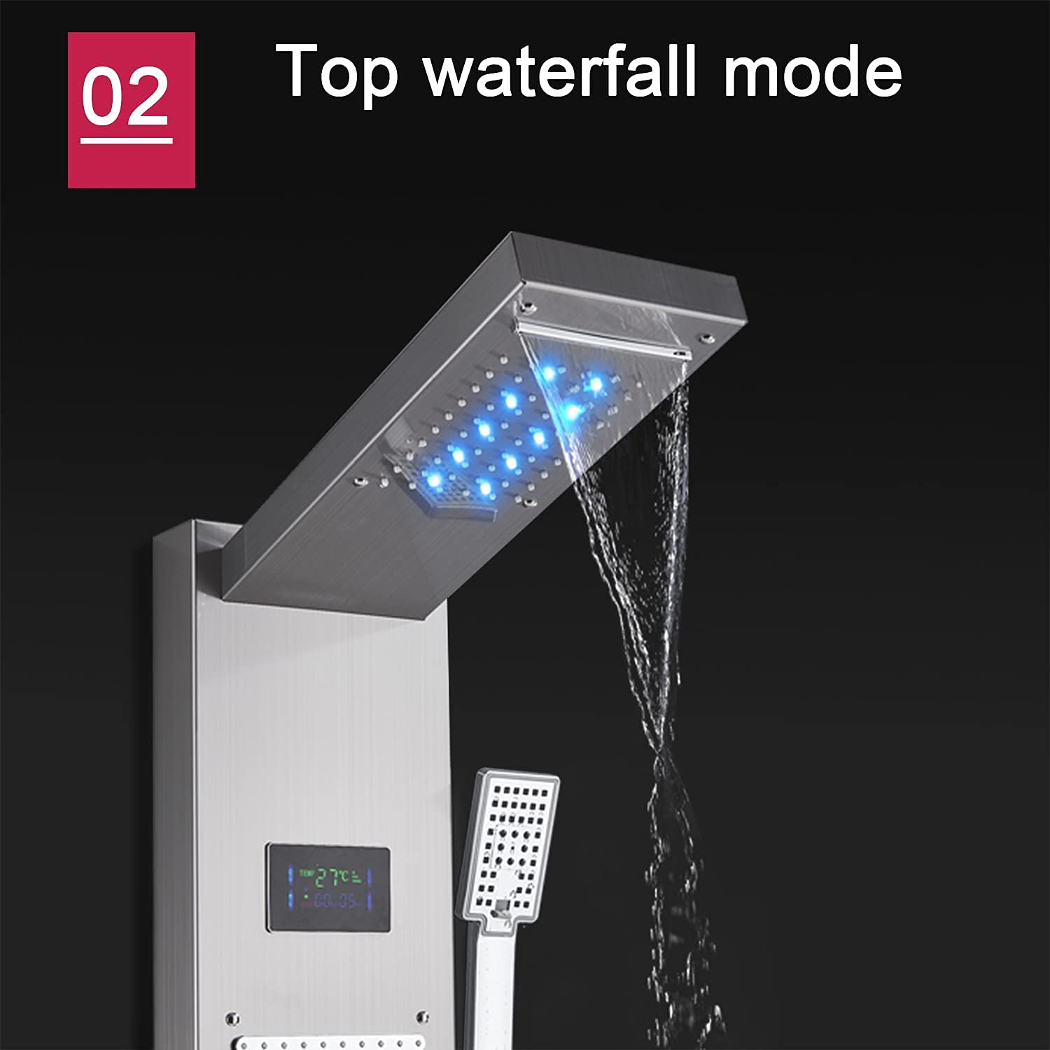LED Colonna Doccia Idromassaggio Pannello Doccia Set in 304 Acciaio Inox con Miscelatore da Massaggi, Soffione Fisso, Doccetta e Bocca Vasca 5 Funzioni per Bagno