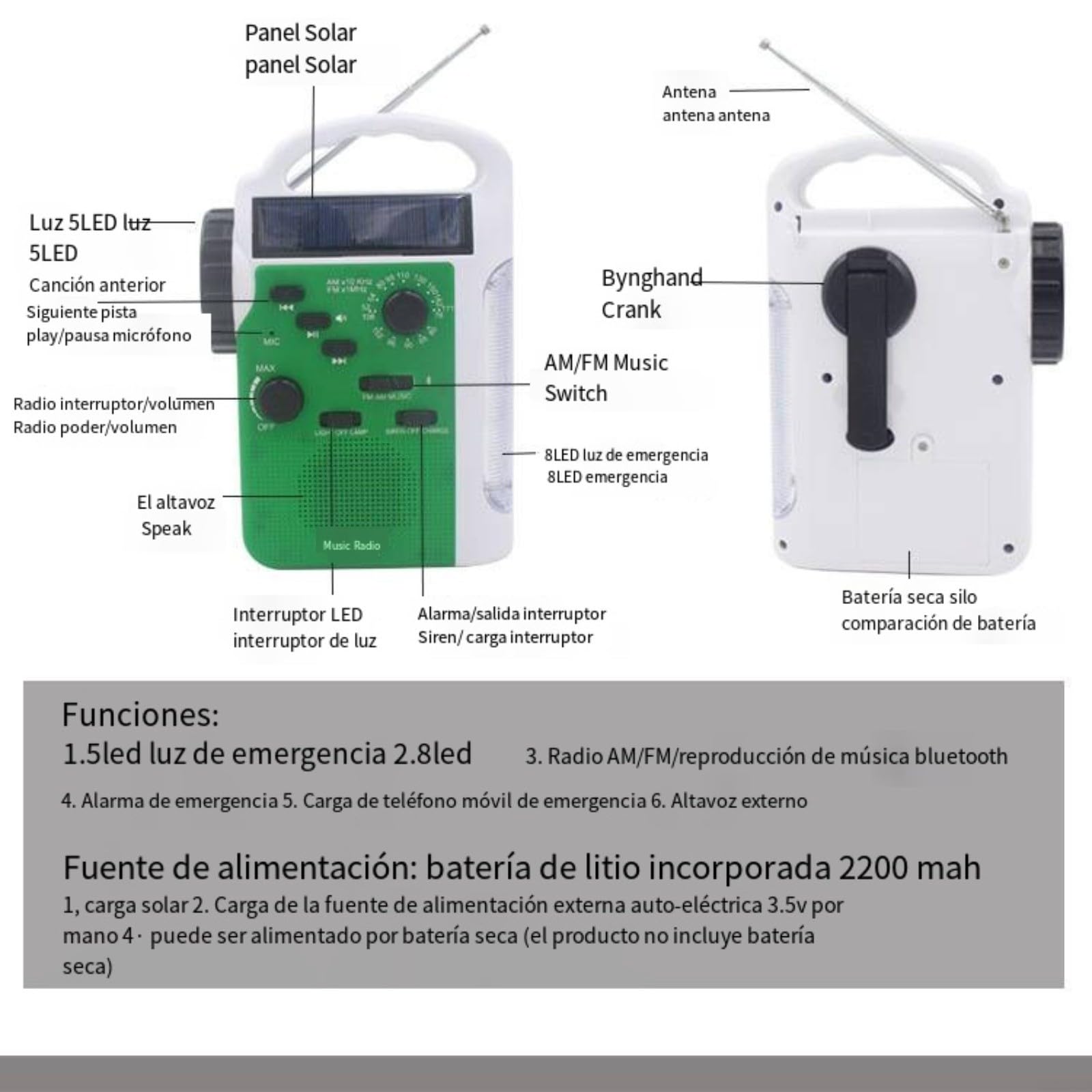 Radio d'urgence Multi-Fonctionnelle Radio et Lampe de Poche Solaires ainsi Manuelles chargeur de téléphone portable(green)