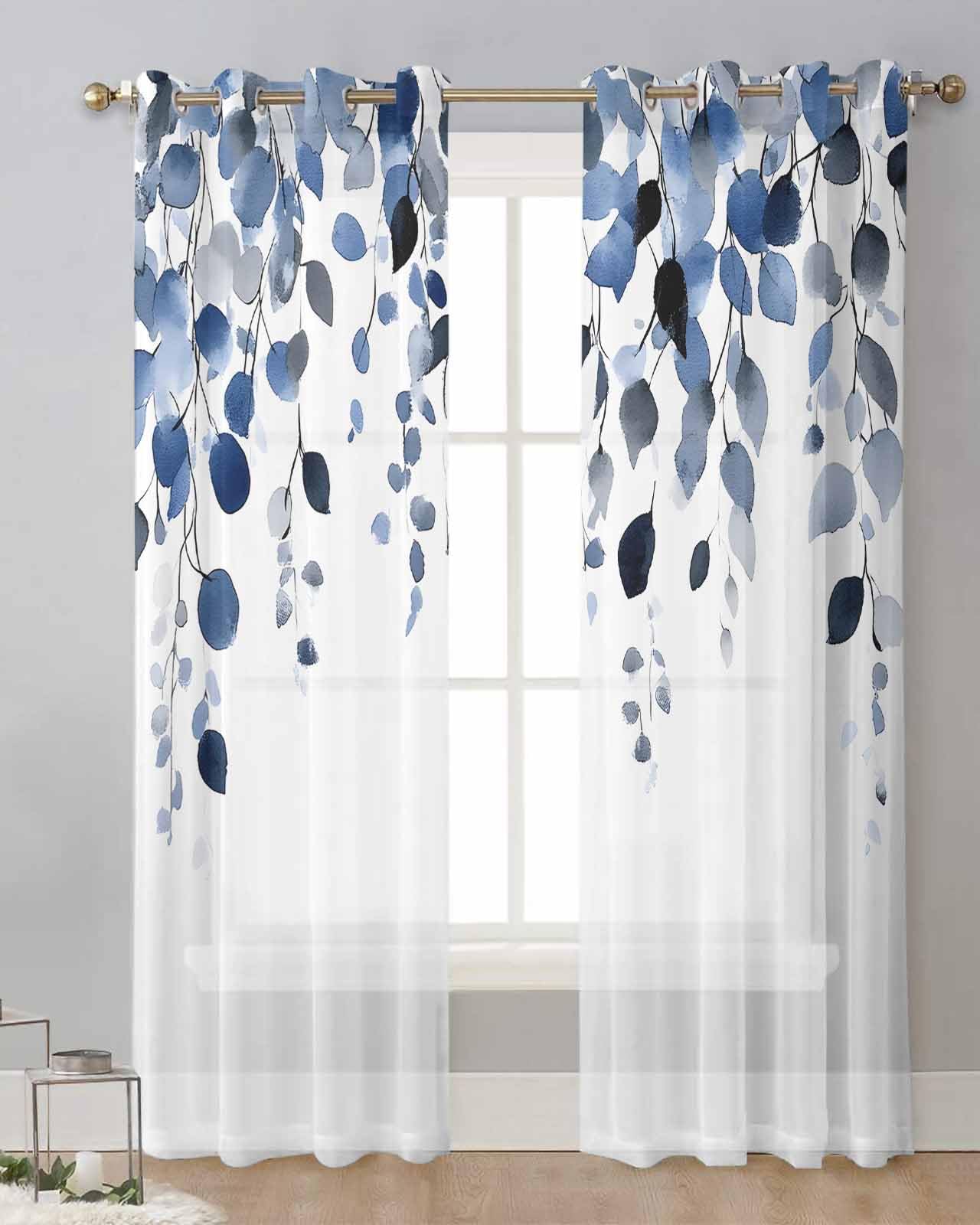 Blue Eucalyptus Sheer Curtains 63 Inch Length Set White Botanical Aesthetic Leaves Curtain Drapes for Kitchen, Bedroom, Living Room, Doorway, Hallway,