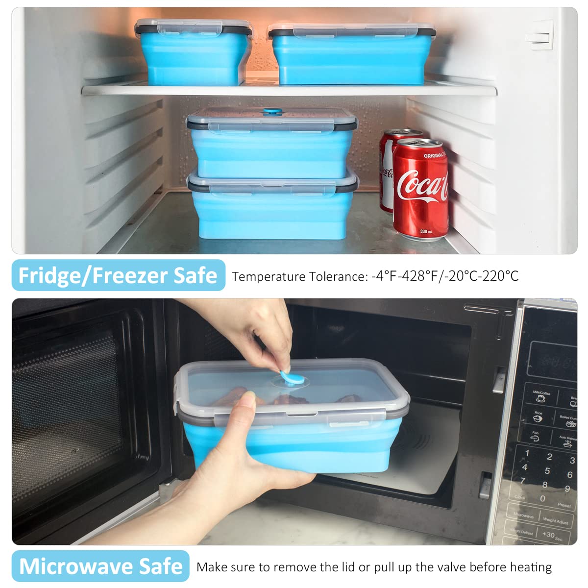 Faltbare Frischhaltedosen mit luftdichtem Deckel und Lüftungsschlitz, 1,2 l, stapelbar, Silikon, zusammenklappbar, für Reste, mikrowellen, gefriergeeignet, spülmaschinenfest, blau, 4er-Set