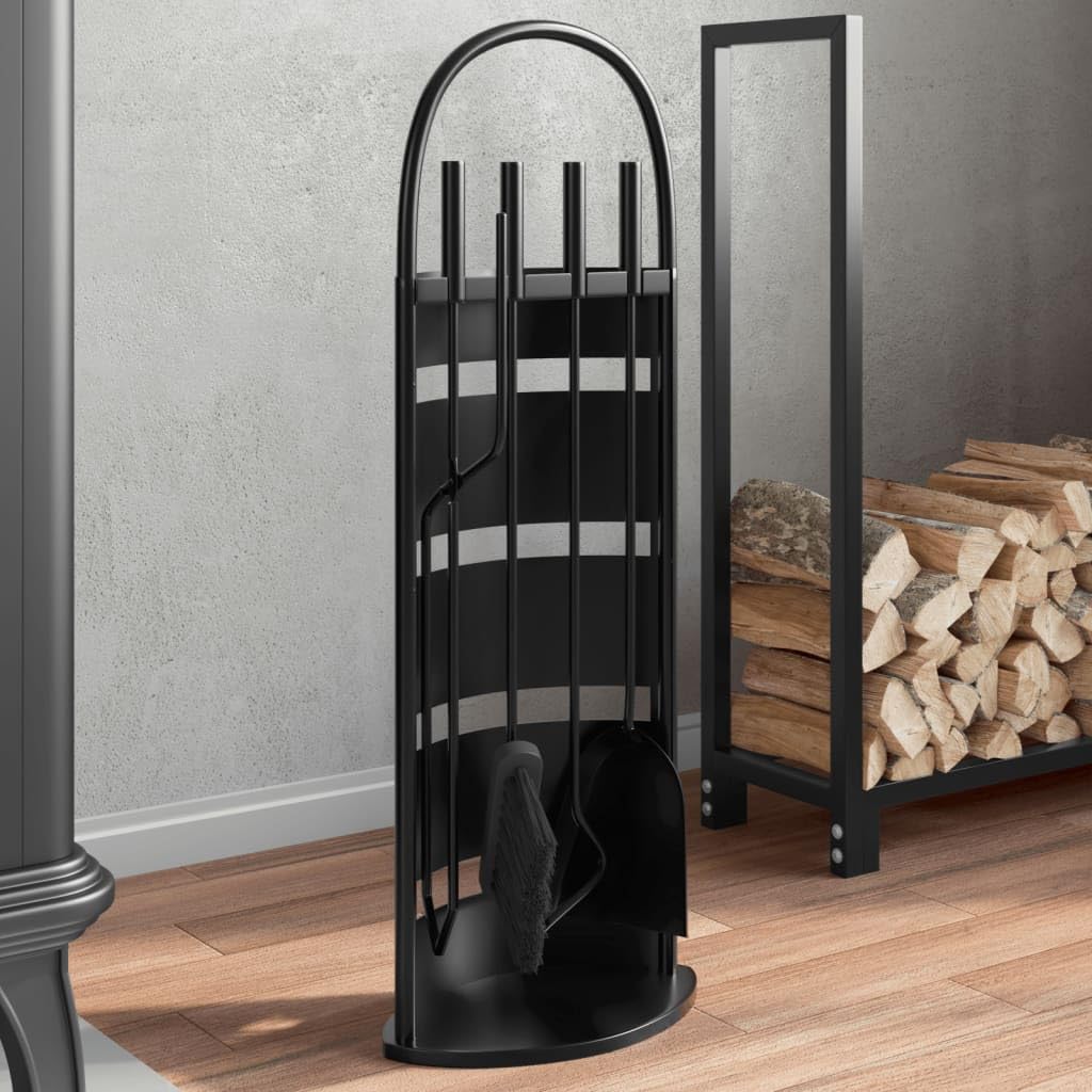 5-teiliges Kaminbesteck Set aus Stahl, schwarz pulverbeschichtet, 23 x 15 x 66 cm, mit Schürhaken, Feuerzange, Ascheschaufel, Besen und Halter für Kaminofen Wohnzimmer Heizung