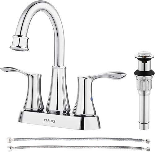 PARLOS Caño giratorio Grifo de lavabo de baño de 2 manijas con drenaje emergente de metal y líneas de suministro de grifo, cromo, Demeter 1362701