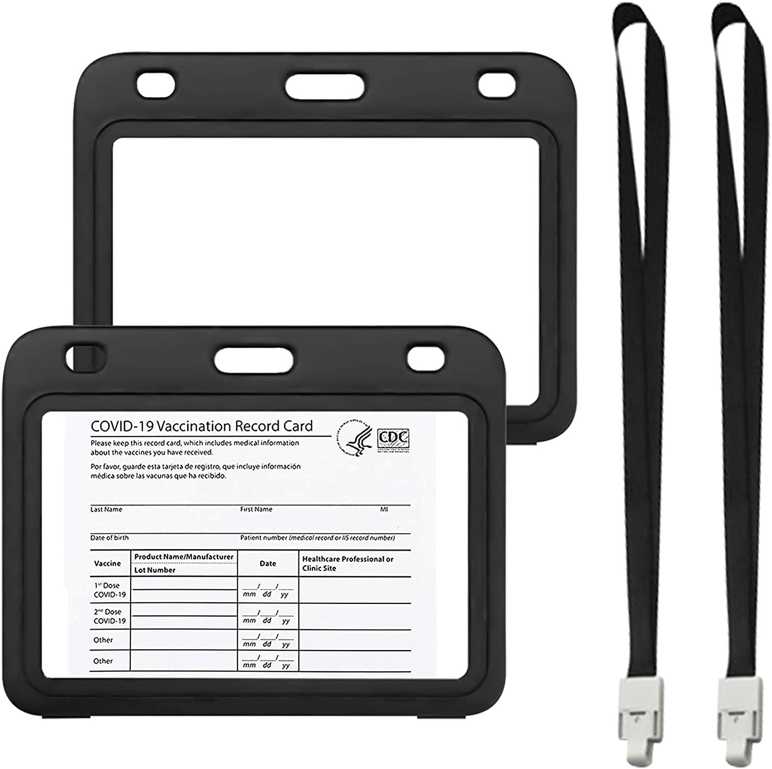 Vaccine Card Protector, DELFINO CDC Vaccination Card Protector, Immunization Record Vaccine Cards Holder with Lanyard, Horizontal Style PP Plastic ID Badge Card Holder, Black, 2 Packs 4 X 3 Inches