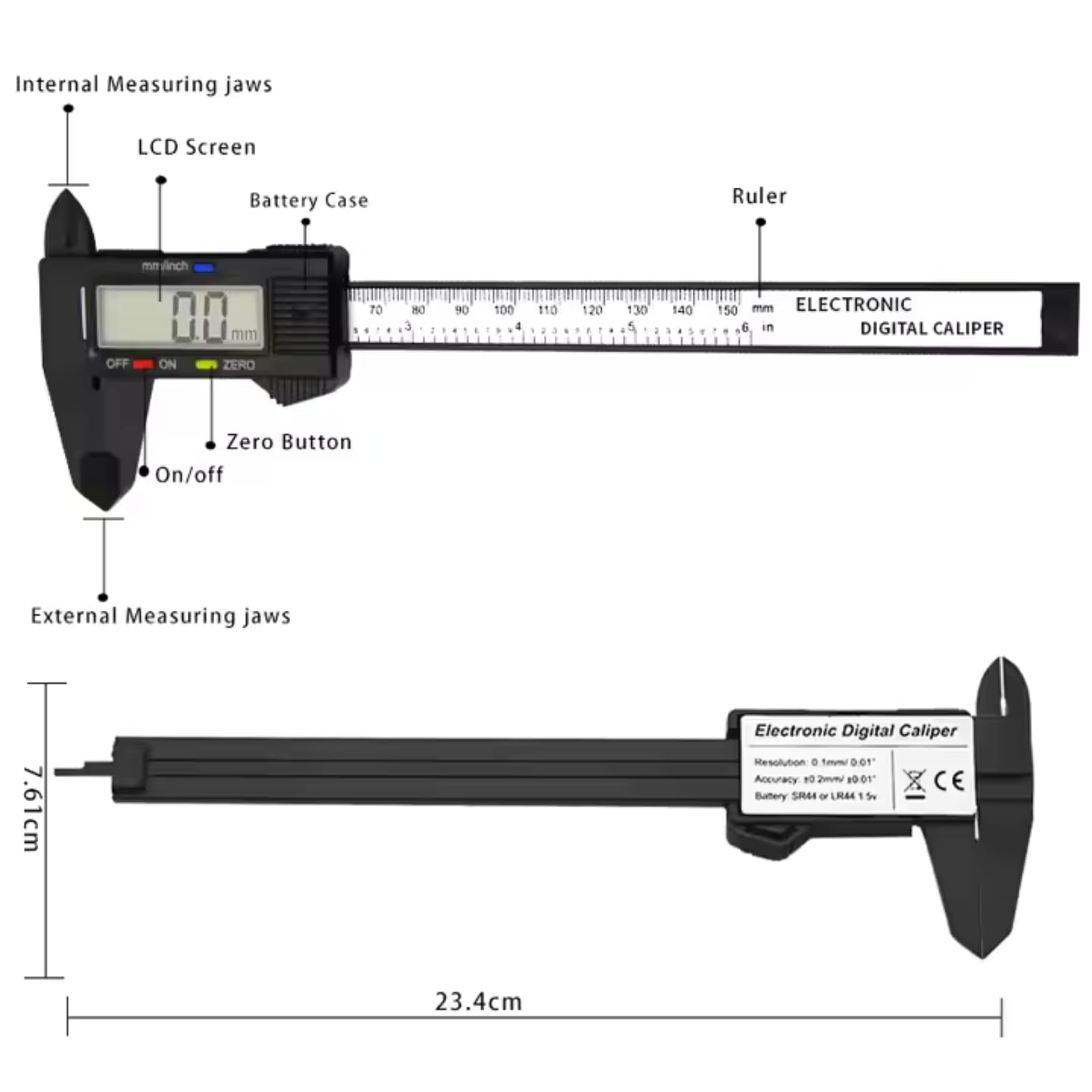 TASMAX vernier caliper150mm Electronic Digital inch and Millimeter Conversion LCD Screen displays 0-6"caliper150mm electric tools Automatic Shutdown Suitable jewellery DIYtools Measurement(Pack of 1) - Image 2 thumbnail