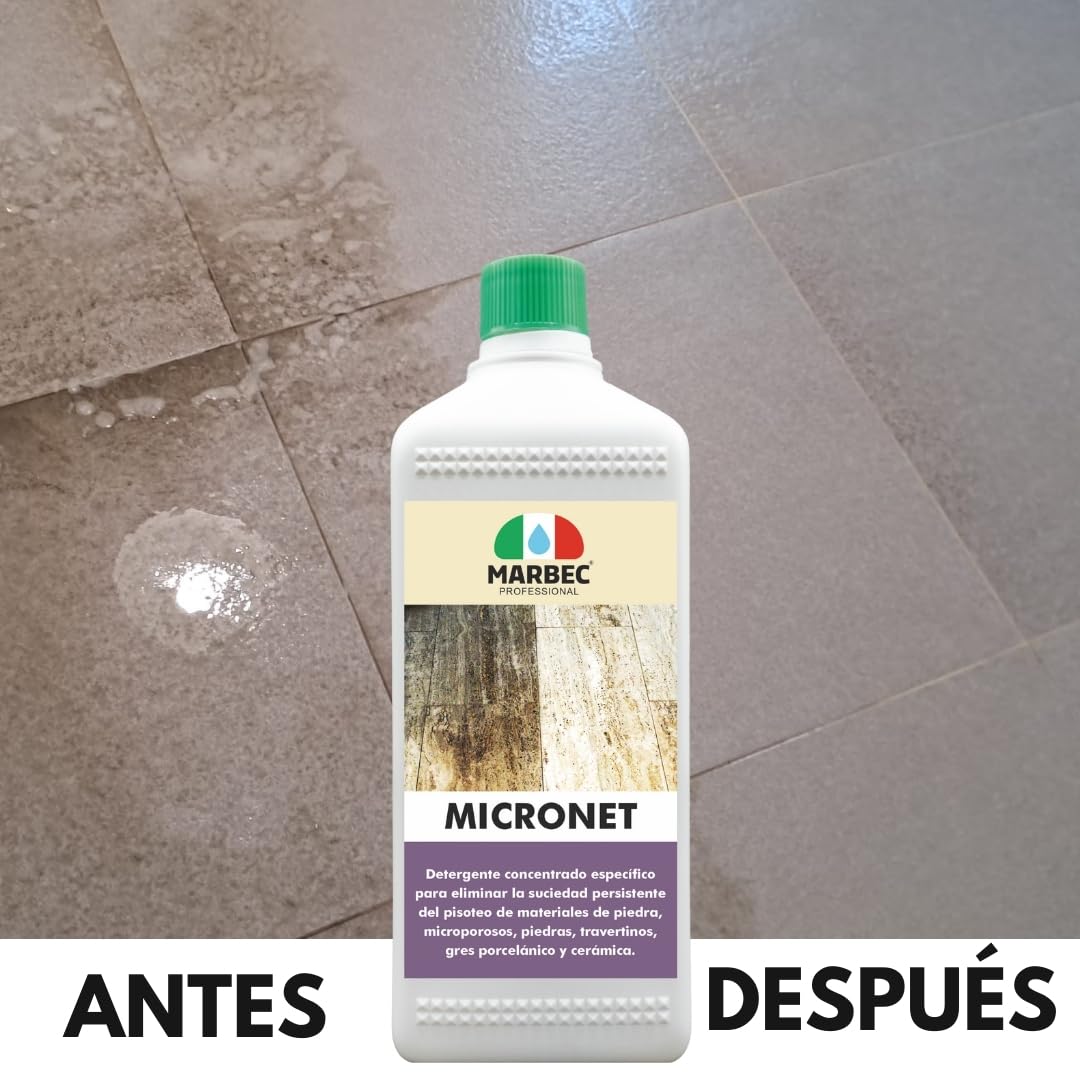 MARBEC MICRONET 5LTX4PZ Detergente específico para eliminar la suciedad de tráfico en materiales líticos microporosos, como piedras, travertinos y gres porcelánico.