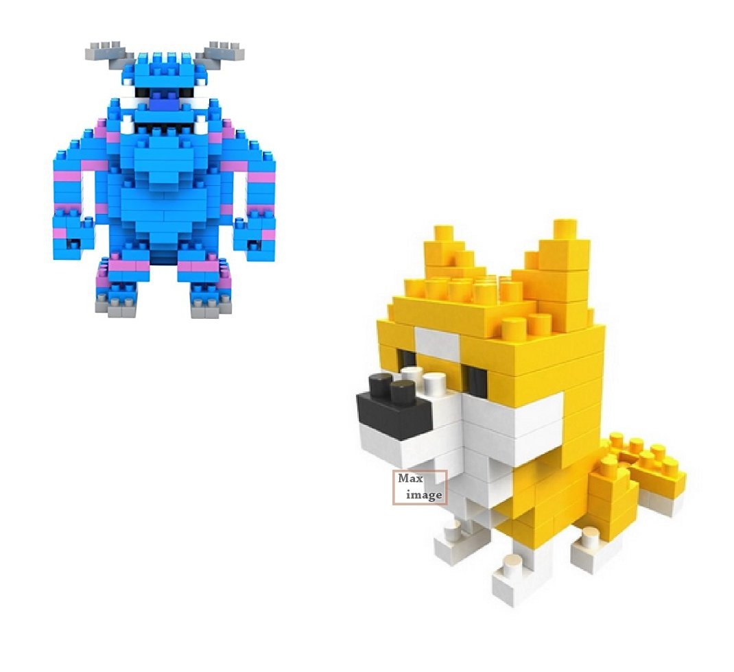 GeekGoodies Micro Building Construction Blocks Assembly Game Puzzle Kids Toy - Dog + Blue Monster Design - Set of 2