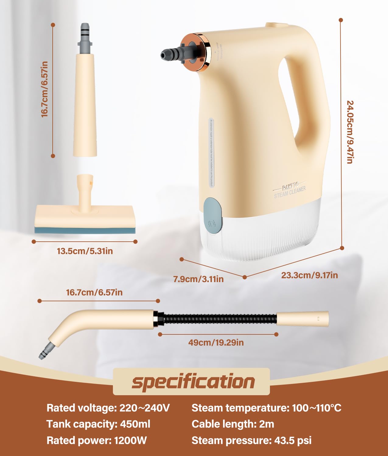 PAHTTO 1200 W Pulitore a vapore manuale, riscaldamento rapido in 20 secondi Pulitore a vapore manuale con serbatoio trasparente da 450 ml e 16 accessori, per cucina, bagno, divani, tappeti
