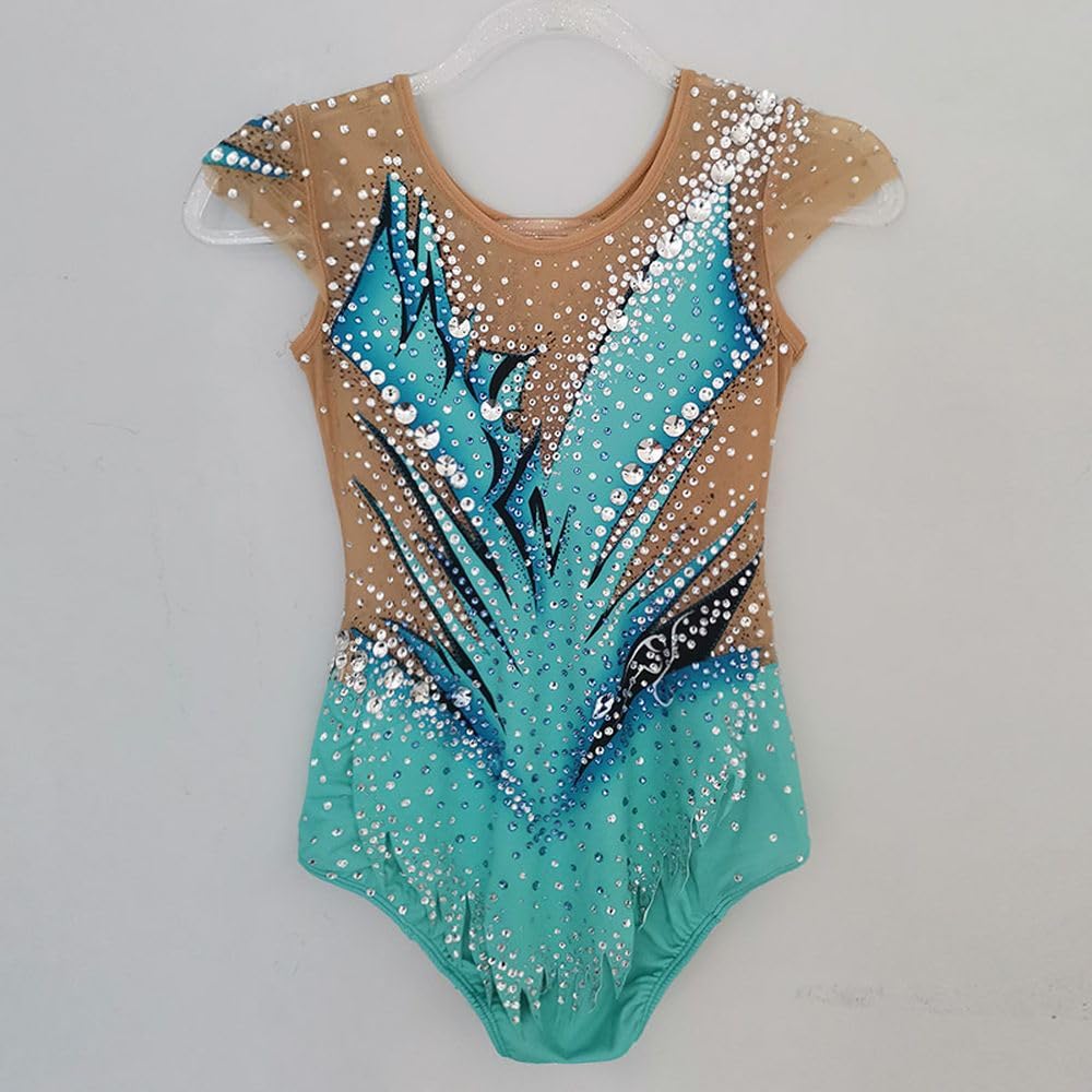 LIUHUO Justaucorps de gymnastique rythmique dégradé bleu-vert de luxe Flash Diamond Girl Compétition Performance