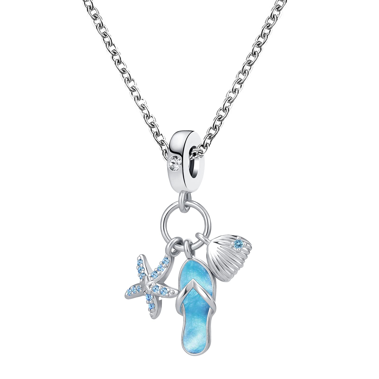 MZC Jewelry Beach Turtle Blue Starfish Sea Shell Slipper Shoe Pendant Necklace for Women Holiday