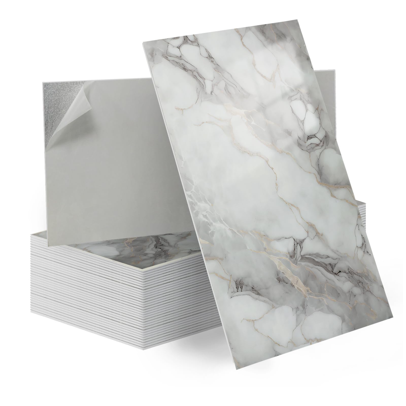 Tarwanear 20 Pcs Waterproof Peel and Stick Marble Tiles, 60 x 30cm Tile Stickers PVC Self Adhesive Wall Tiles for Living Room Bedroom Bathroom Kitchen Backsplash, Marble Grey Gold — image 1