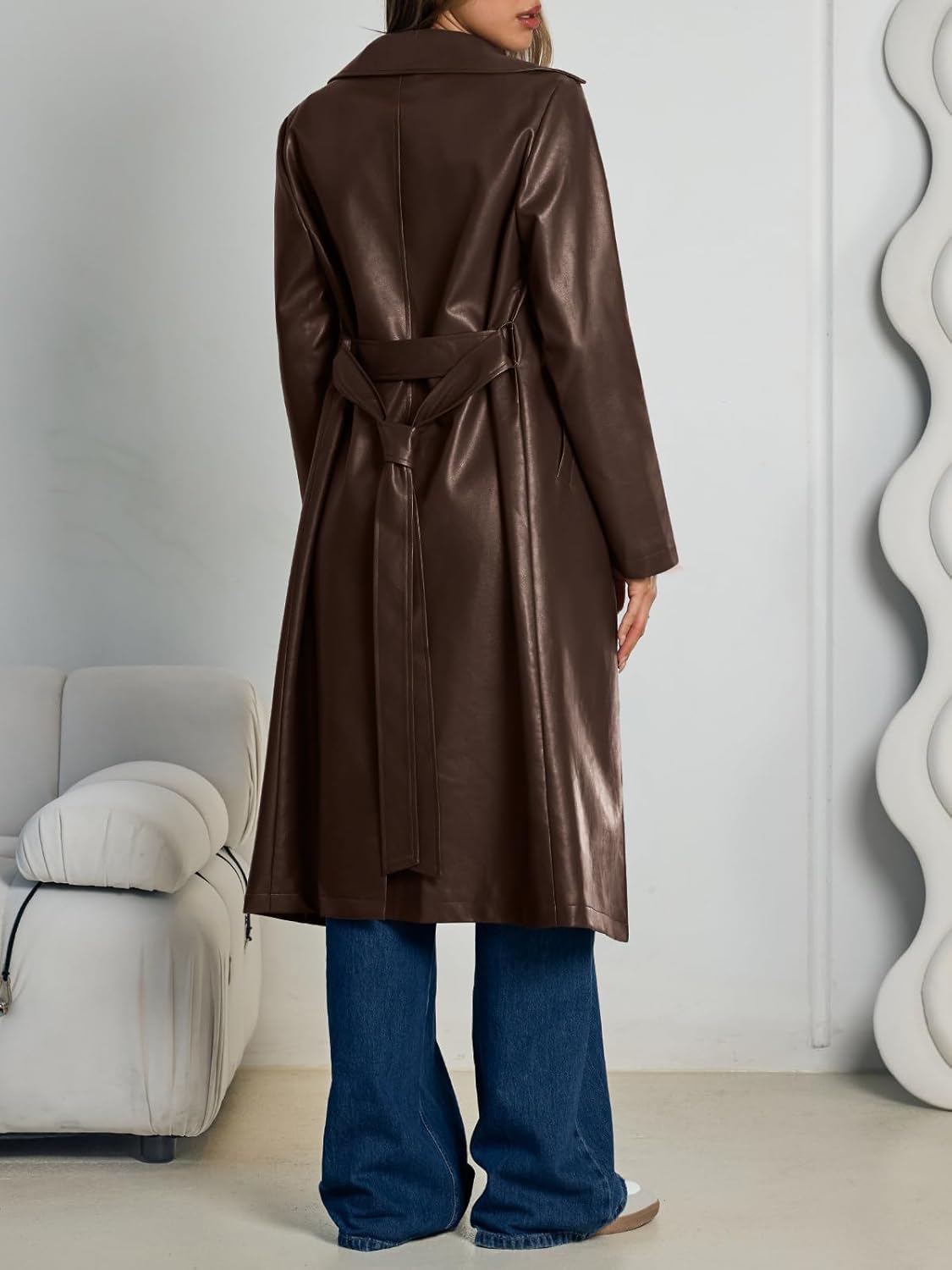 Trendy Queen Womens Long Lapel Faux Leather Jackets Trench Dress Coat Blazer Three Breasted Open Front Peacoat with Belt - Image 4