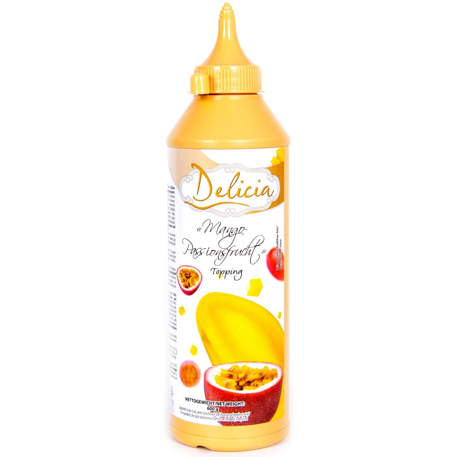 "Mango-Maracuja" Dessertsauce | Verführerischer Topping in einer 600g - Flasche | Delicia Dessertsoße - Vielseitige Verwendung - Entfalten Sie Ihre Kreativität