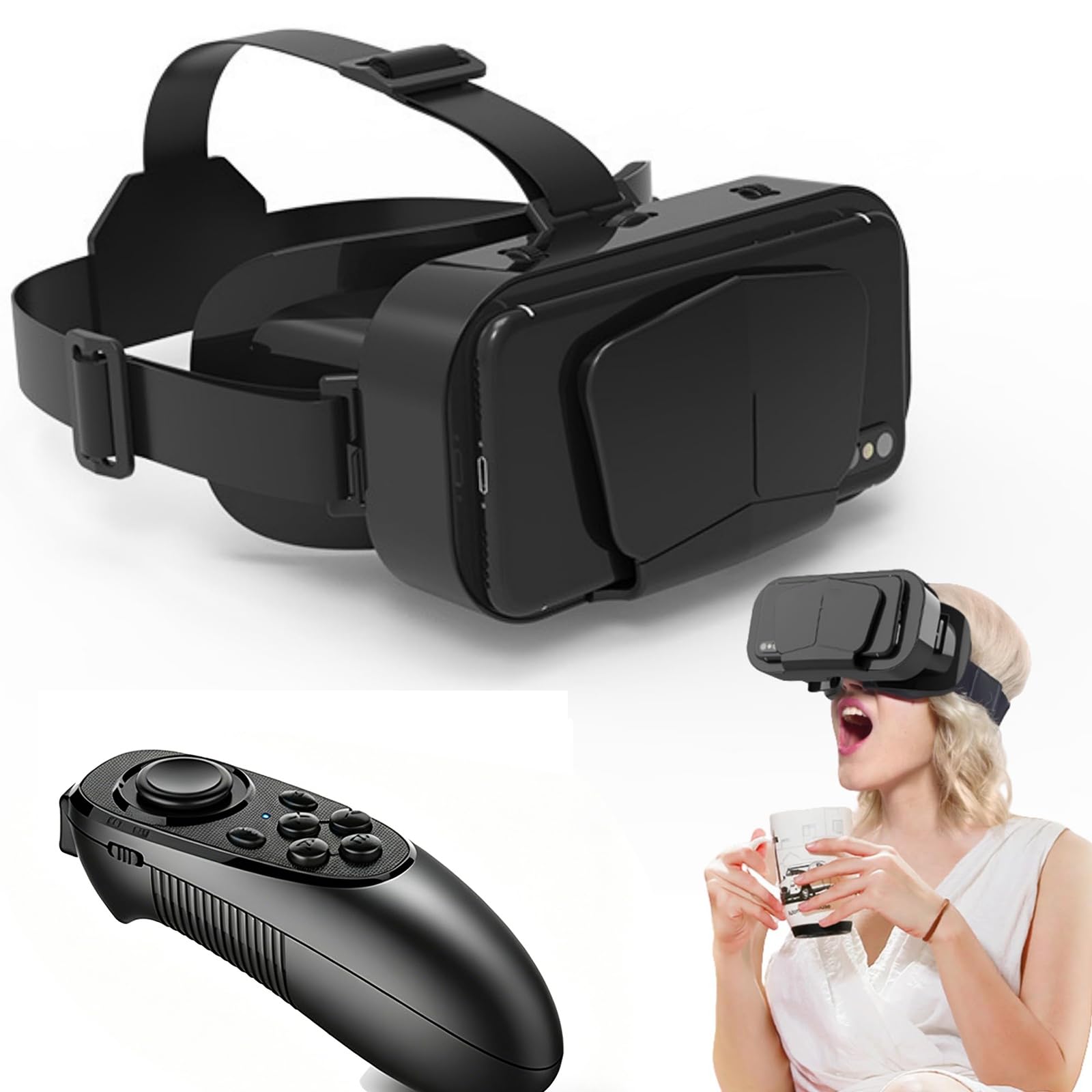 Visore per Realtà Virtuale 3D VR, Occhiali VR Morbidi E Confortevoli per Videogiochi Su Cellulare, Visore Universale Compatibile con Smartphone, Compatibile 360° con Schermi 4,7-7,2”,Black+052 Handle