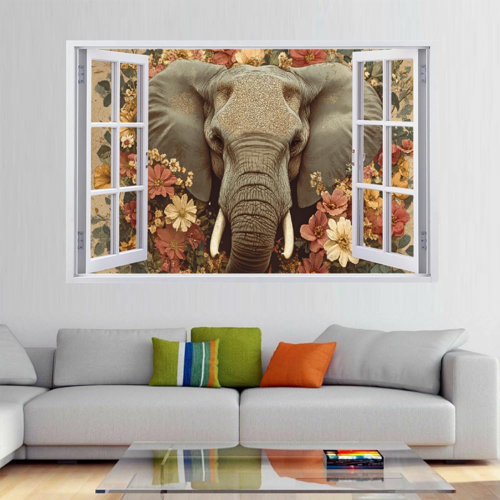 Stickers Muraux 3D Smashed Murales Fleur D'Éléphant Autocollants De Sol En Vinyle Imperméables Amovibles Art Animaux Rétro Pour Chambre Salon Bureau Pépinière Décoration Murale 112x75cm