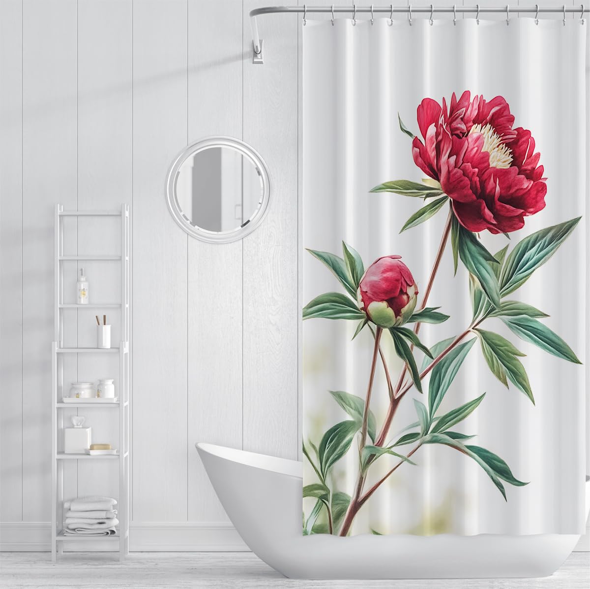 Rideau de Douche Vintage en pivoines Rouges pour Salle de Bain, Rideau de Bain en Tissu botanique Chinoiserie Traditionnel avec Crochets, Tissu Polyester imperméable W220xL180 cm
