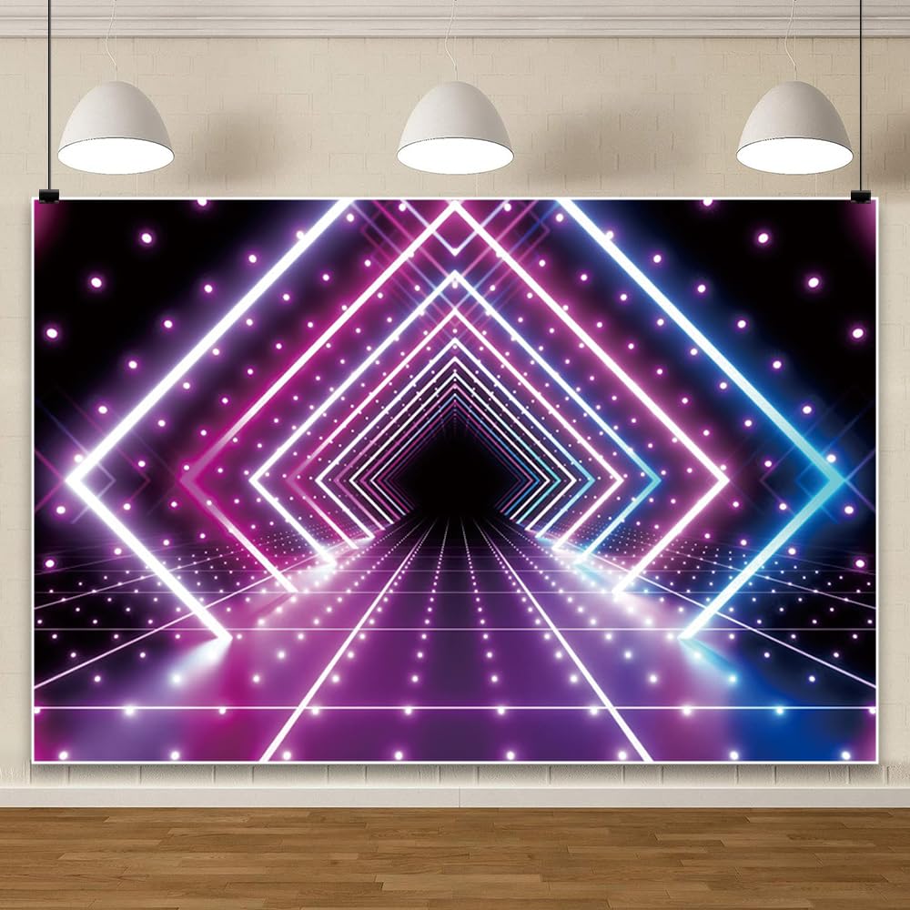 4.5x3m Let 's Glow Fondo de Fiesta de Neón Futurista Cuadrado Luces de Neón Túnel Música Fiesta de Cumpleaños Fotografía Fondo Los 80 90 's Disco Fiesta Banner