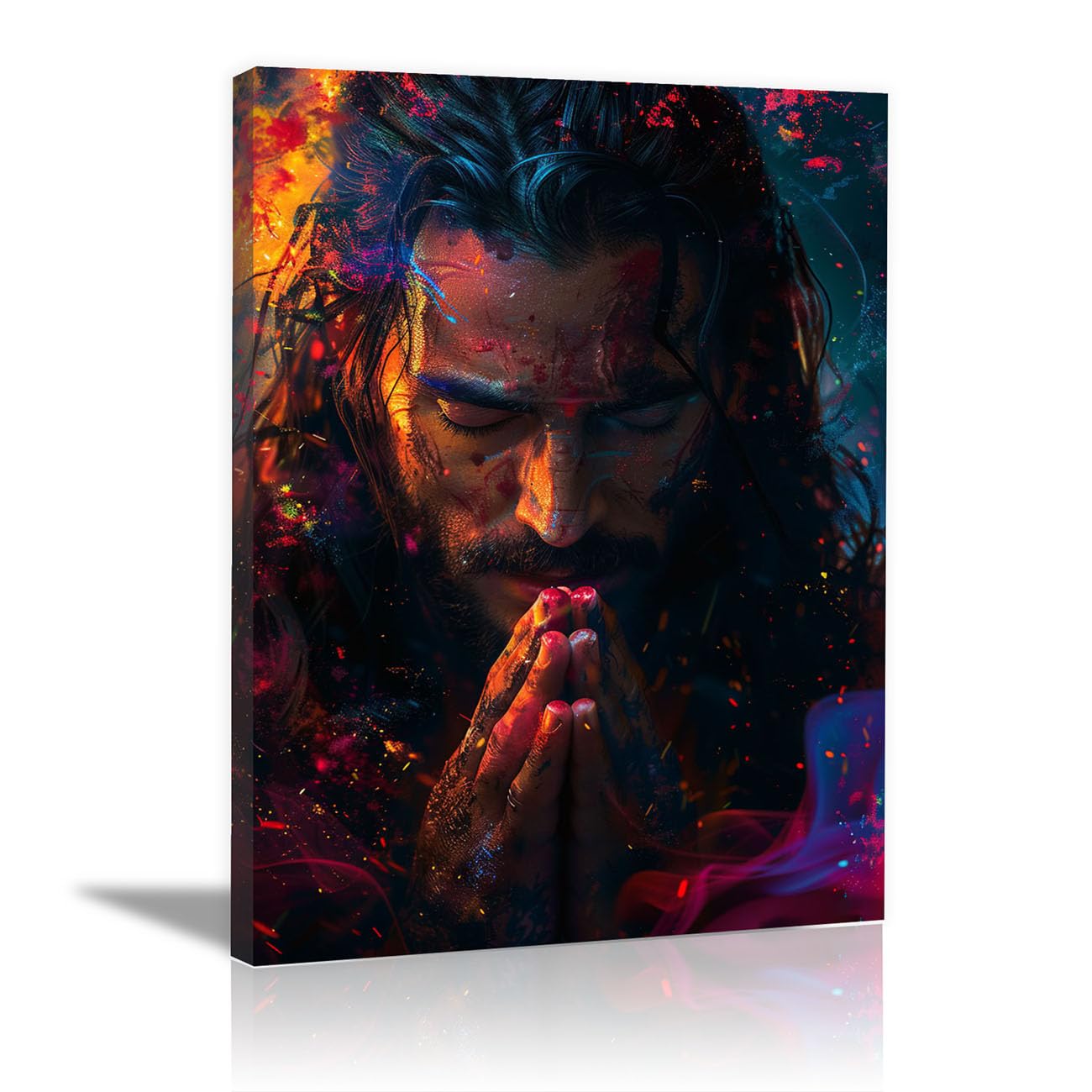 QUSAAOU Jesus Wall Image Jesus Praying Decor Vintage Religious Prints Painting Neutral God Poster Artwork Living Room Bedroom Hallway Home Decoration(neon)-60x90cm Framed