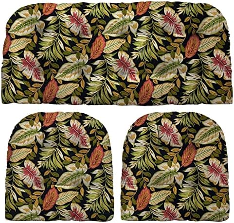 Outdoor Twilight Black, Green, Burgundy Tropical Palm Leaf Cushion for Wicker Loveseat Settee & 2 Matching Chair Cushions；
