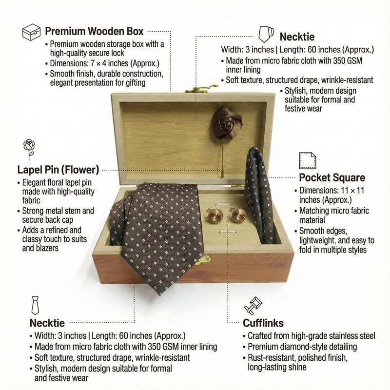 Image of Men's Necktie Gift Set with Wooden Box | Premium Tie, Pocket Square, Cufflinks & Lapel Pin | Elegant Formal Accessories Gift for Men