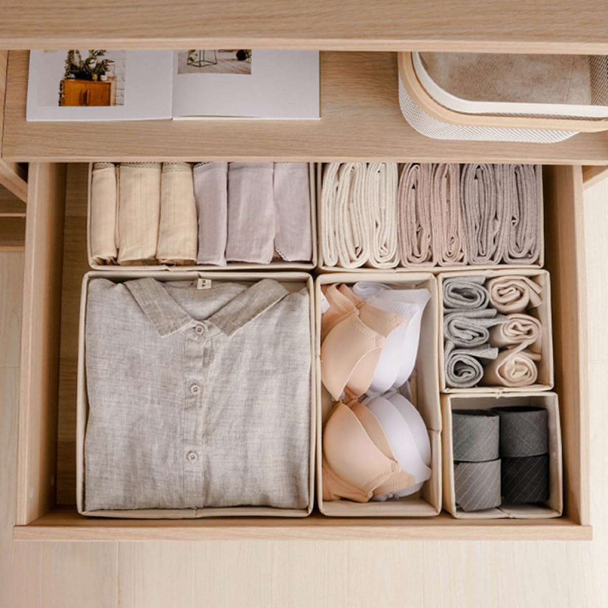 Set 3 Organizer per Cassetti Beige, Scatole Portaoggetti Divisorie per Reggiseni e Calzini, Contenitori per Armadio Casa, Organizzatore Biancheria Intima Pieghevole per Camera