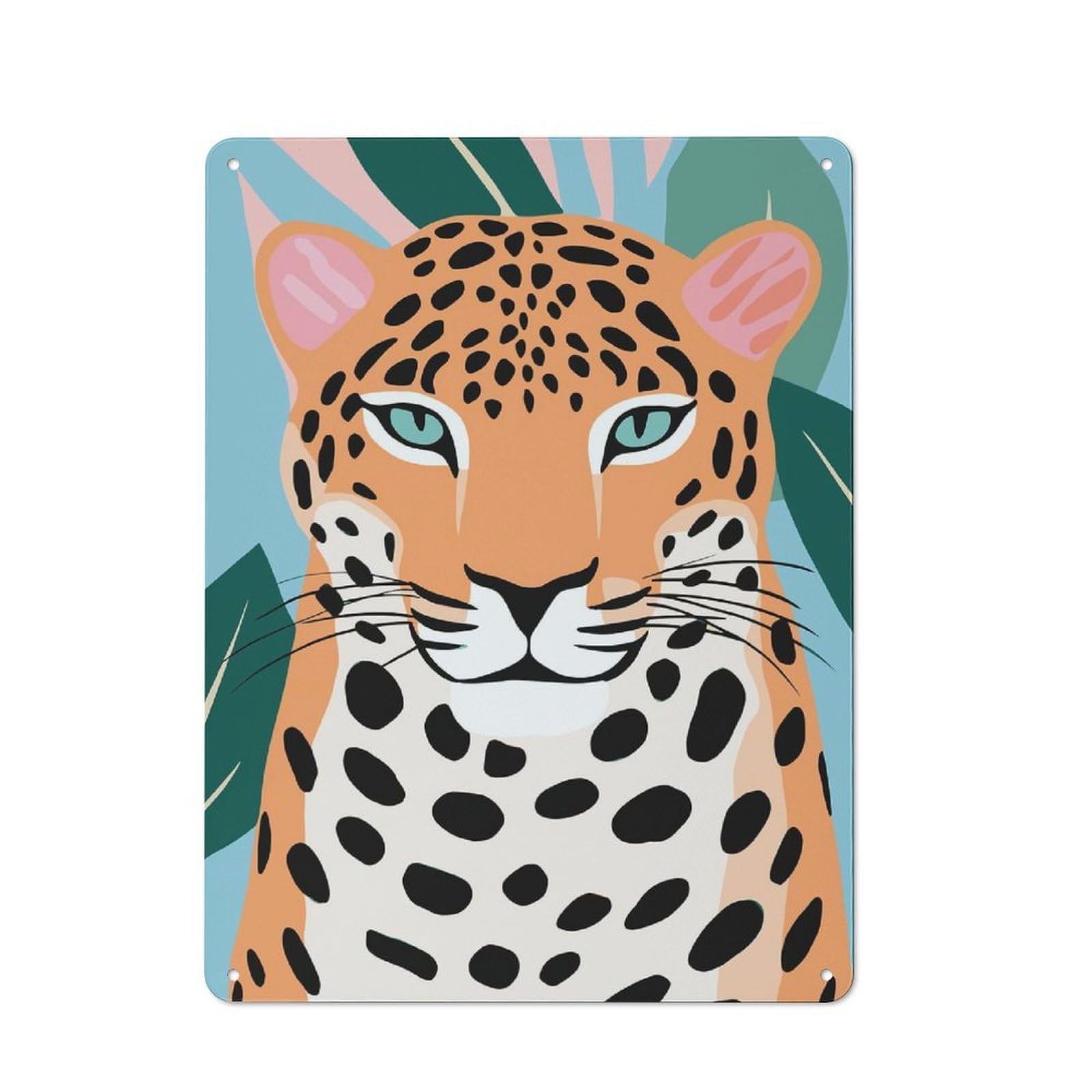 Leopard Portrait with Tropical Leaves Workshop Style Metal Wall Decor 40x30cm, Decorative Metal Plaque for Garage, Workshop, Shed Or Utility Room