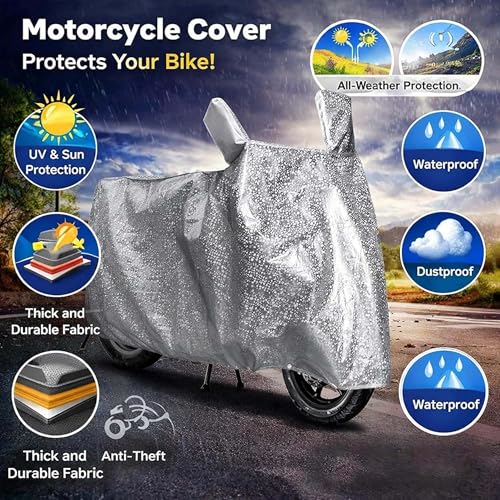 Image of Sulfar Bike Cover for Royal Enfield Himalayan 650 (Upcoming) (Adventure) | Waterproof, Dustproof & UV Protected | All Weather Two Wheeler Cover (Silver) New 2026 Variants