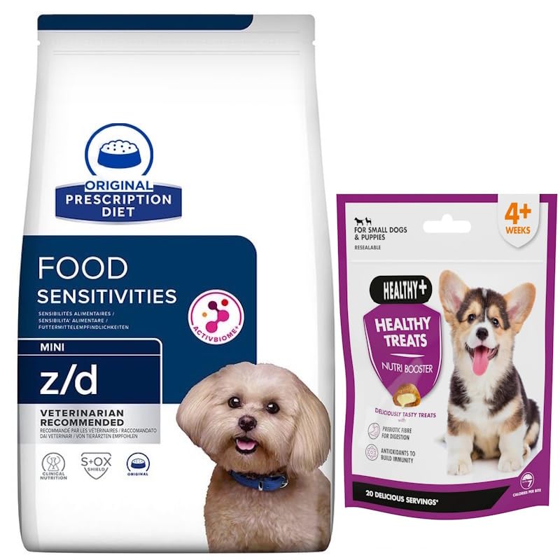 Z/D Prescription Diet Sensitivities Mini Dry Dog Food 1kg for Sensitive Digestion, Highly Digestible Recipe for Small Dogs, with Nutri Booster Healthy Treats 50g, Prebiotic Fibre & Antioxidants Bundle