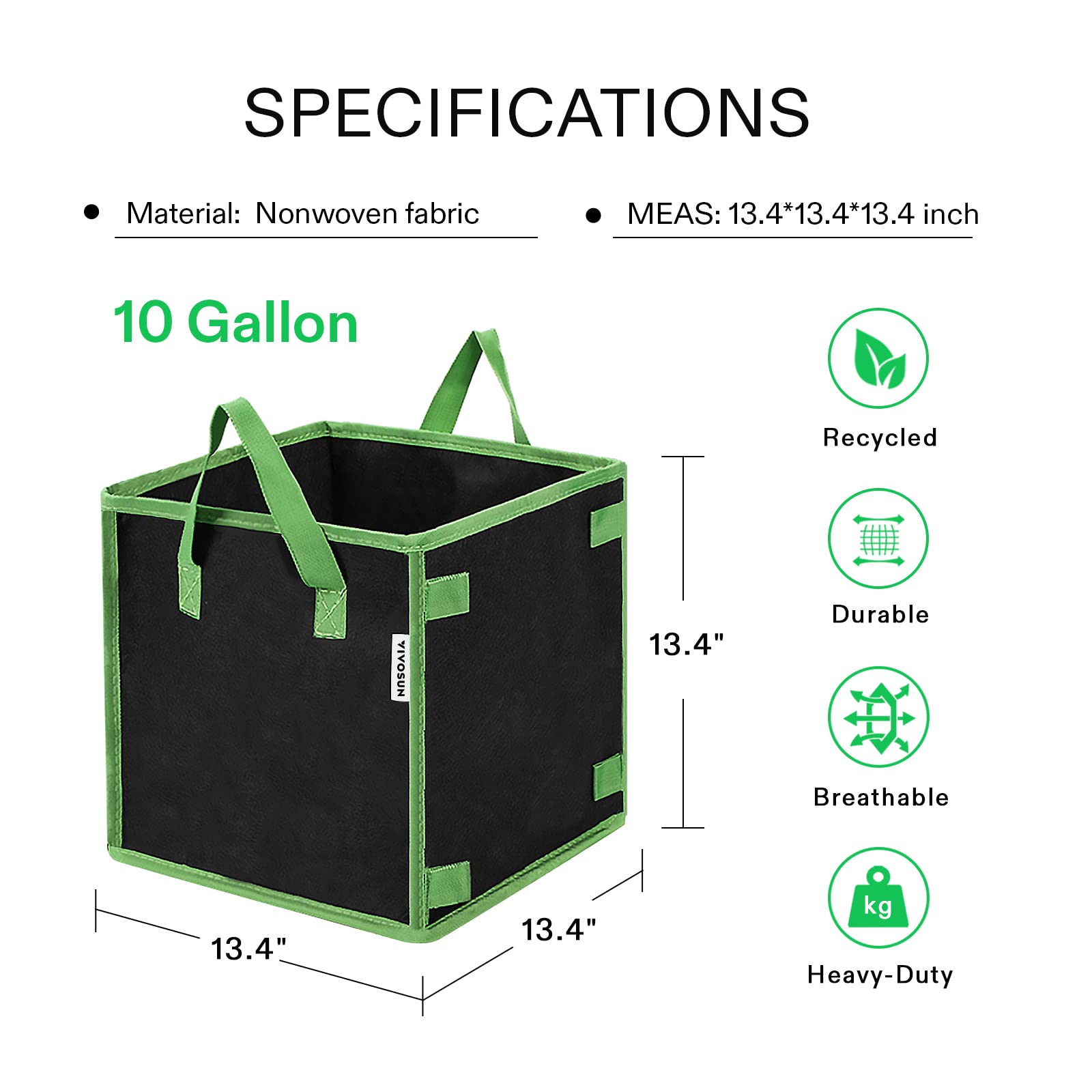 VIVOSUN Paquete de 5 Bolsas cuadradas de Cultivo de 10 galones, Bolsas de Tela Gruesa con Asas para jardín Interior y Exterior