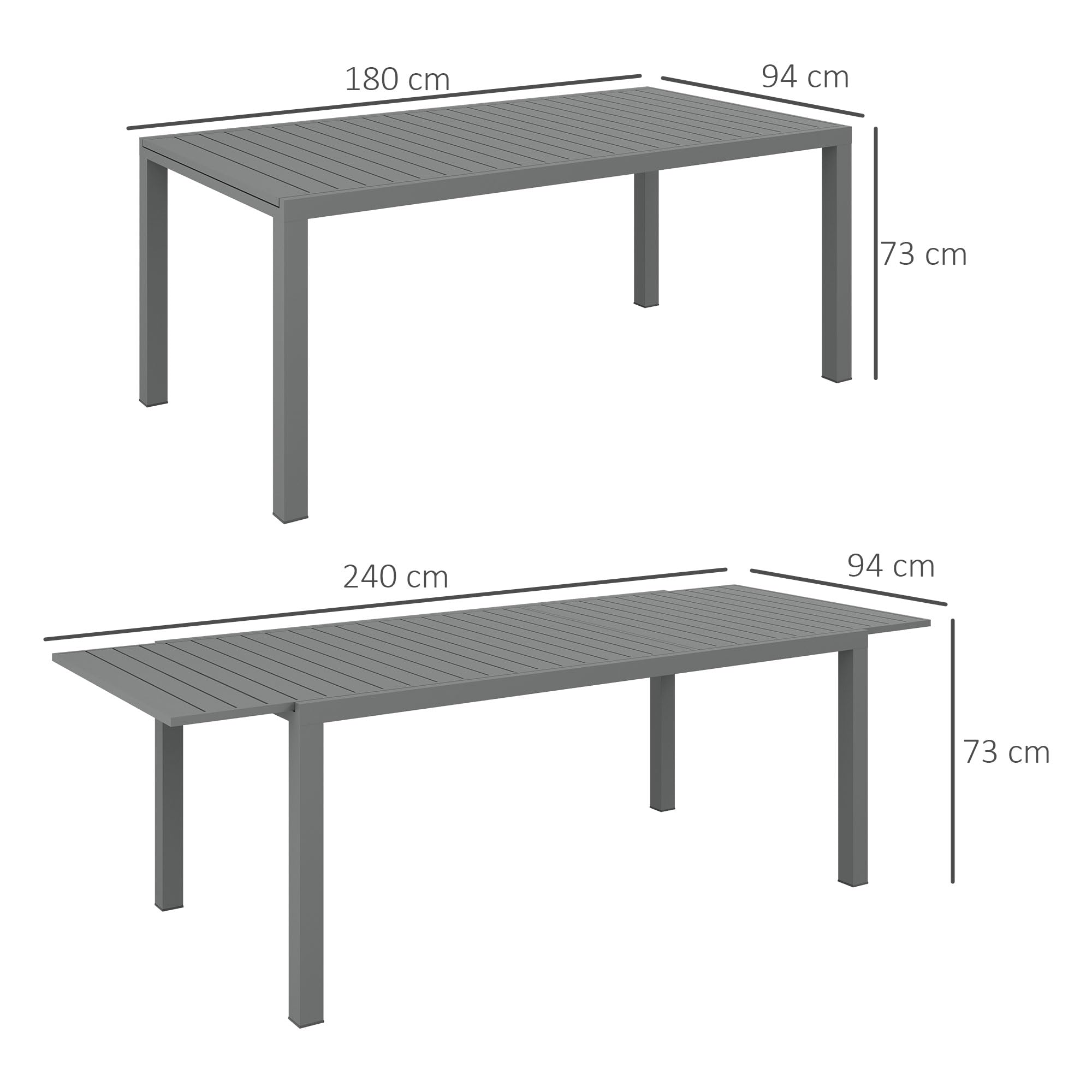 Outsunny Mesa de Jardín Extensible 180/240x94x73 cm Aluminio Gris Oscuro | Mesa de Comedor Exterior Rectangular, para 6-8 Personas, Carga 50 kg, para Balcón