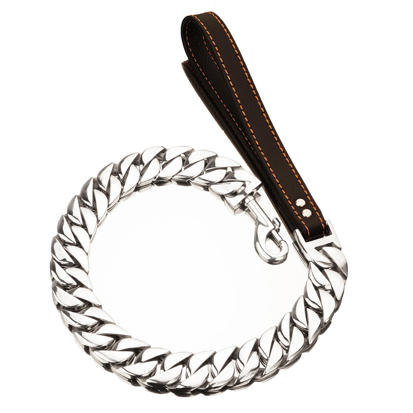 Correa De Cadena para Perros Correa para Perros con Eslabones Cubanos De Acero Inoxidable Plateado De 32 Mm con CóModo Mango De Cuero Genuino para Cachorros(Size:90cm)