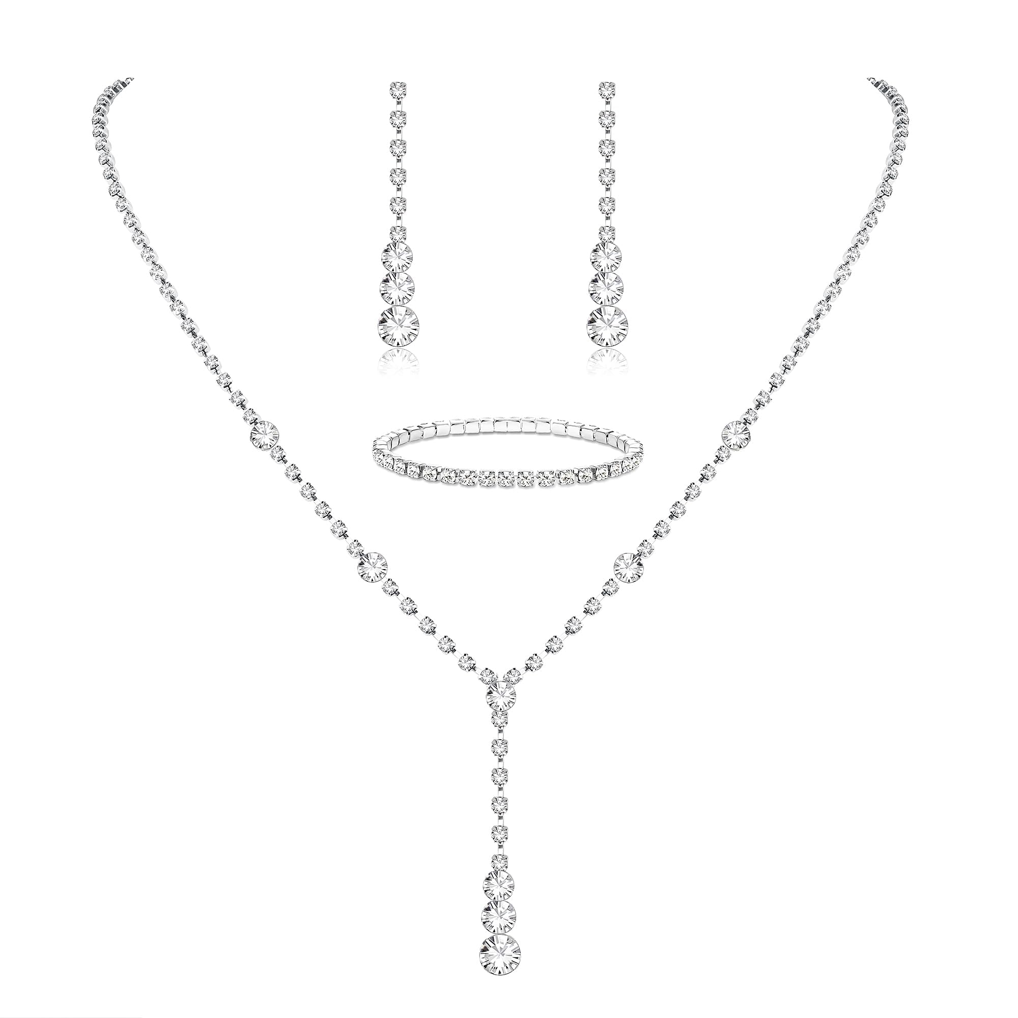 DiamdaySilver Jewelry Set for Women Rhinestone Crystal Necklace Drop Earrings Link Bangle Bracelet Bridal Wedding Jewelry Sets for Brides Bridemaid Prom Costume Accessories