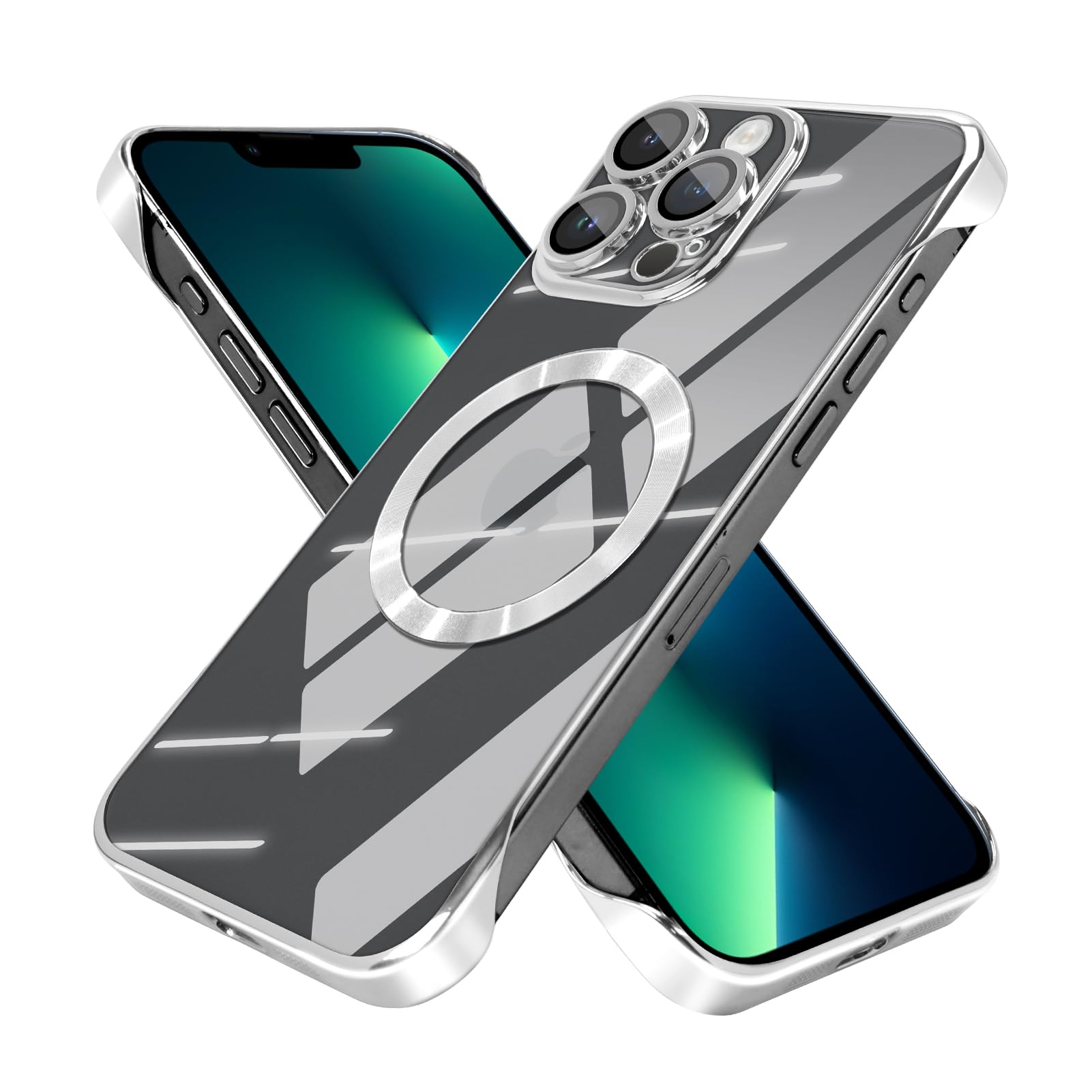 aidvaia Frameless Magnetic Phone Case Compatible with iPhone 13 Pro Clear Minimalist Case, Transparent Clear Plating Silver Frameless Design, Lens