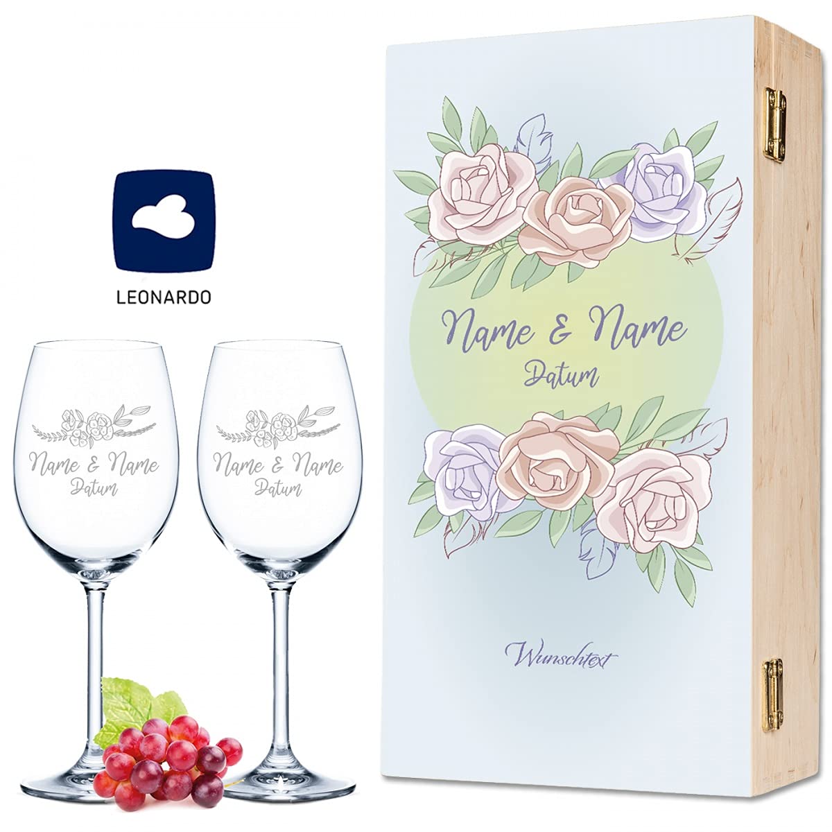 Leonardo Weingläser mit Gravur von Namen & Datum im - Pastel Blue Roses - als Geschenk zur Hochzeit, Verlobung oder zum Jahrestag - inkl. bedruckter Vintage Holzkiste - das Hochzeitsgeschenk