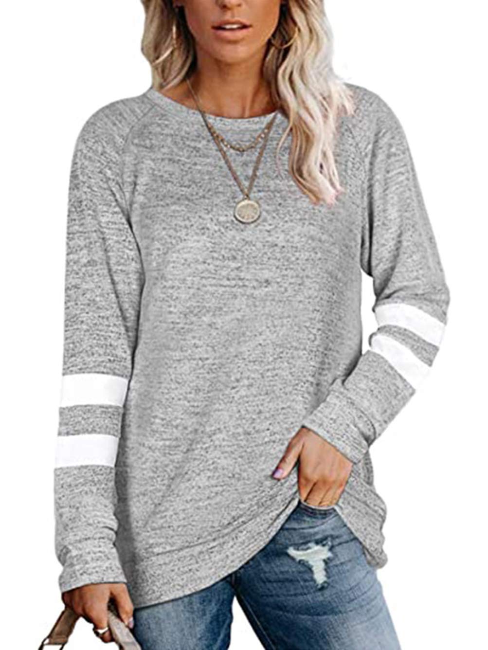 Women Comfy Striped Colour Block Soft Long Sleeve Tunics Tops Casual Sweatshirts S-XXL