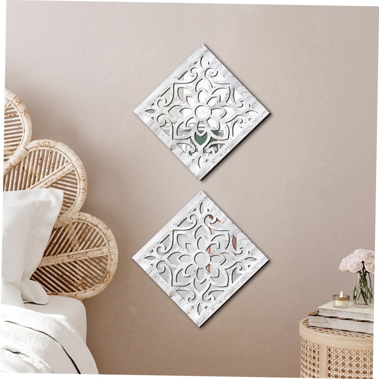 STOBAZA Specchio da Parete Decorativo Quadrato in Acrilico e Legno, Stile Rustico Bianco, 2 Pezzi, per Soggiorno e Ingresso