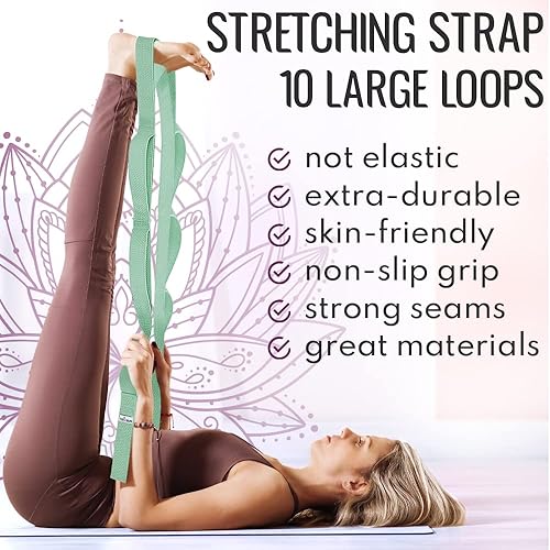 Miniatura 2 de TECEUM Stretching Strap for Yoga & Physical Therapy 10 Loops Non-Elastic Leg Stretch Straps for Stretching, Exercising, Pilates, Post-Injury