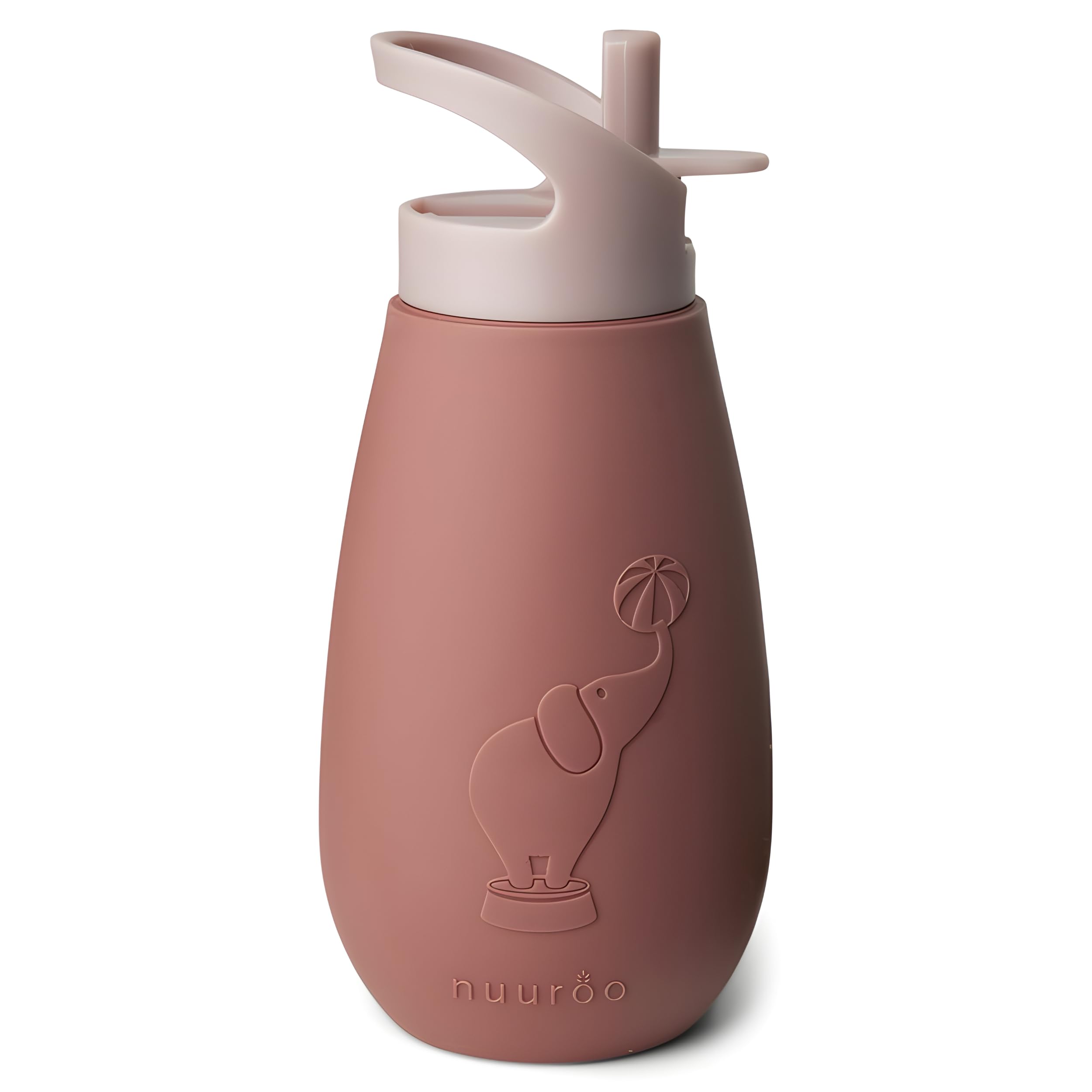 Nuuroo Pax Silicone Drinking Bottle – 350 ml Reusable Kids Water Bottle with Circus Elephant Design, LFGB Food-Grade Silicone, BPA-Free, Designed in Denmark (Mahogany) — image 1