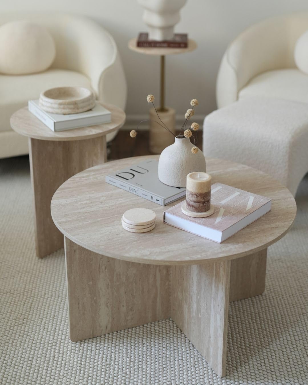 DAYALANE Round Coffee Table for Small Space, with a Strong X-Frame Base Modern Coffee Table for Living Room, Footpads Prevent Scratching The Floor