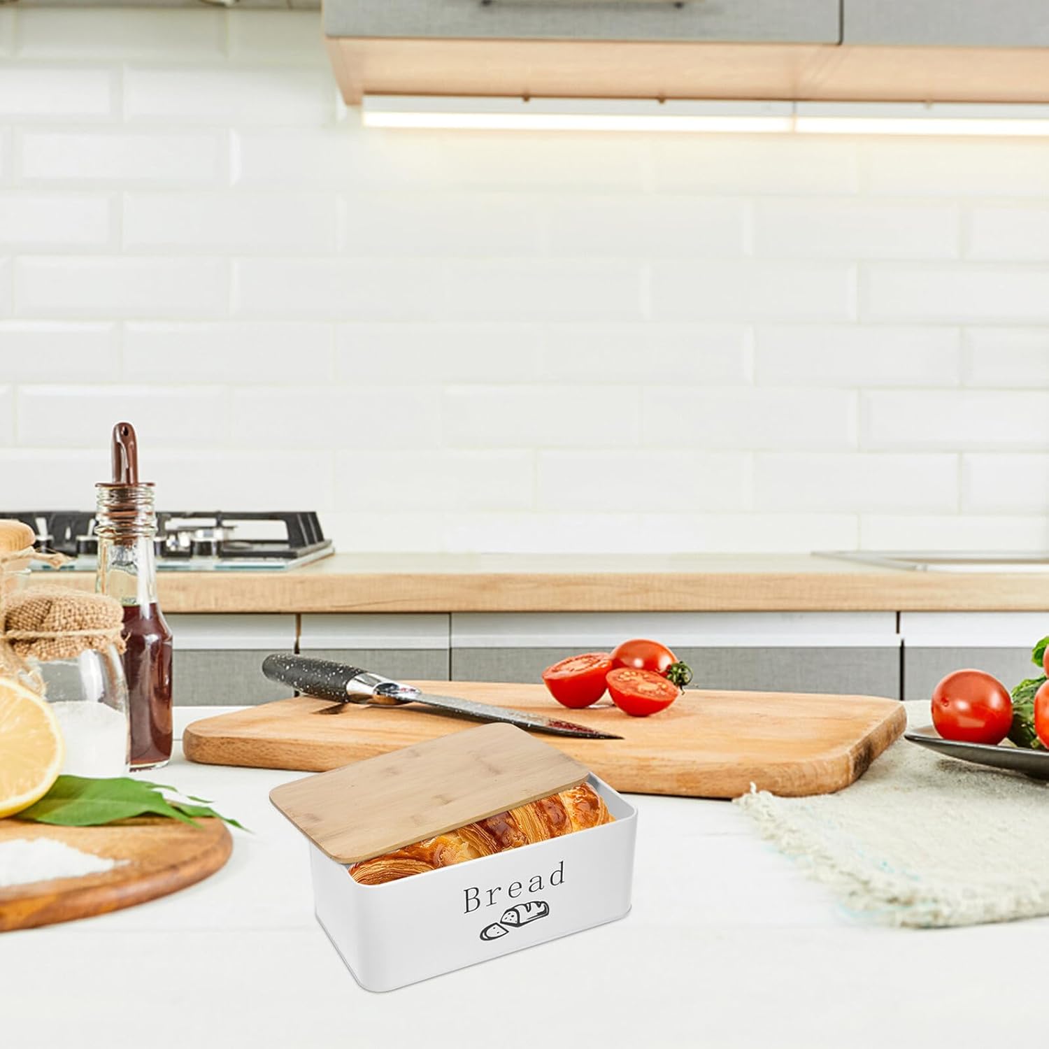 DOITOOL Breathable Bread Box White Metal Bread Container Dustproof Design Countertop Freshness Preservation