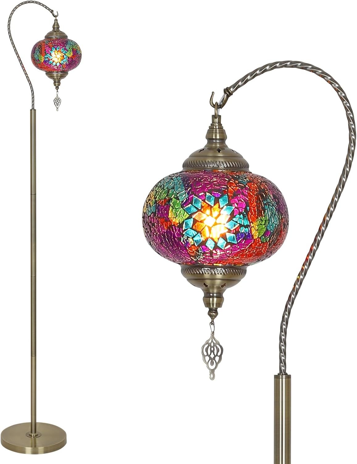 Turkish Moroccan Floor Lamp, Swan Neck Tiffany Lamp with Handmade Mosaic Glass Shade, Bronze Base, 65" Tall Standing Lamps for Living Room Bedroom Home Decor Light, Colorful