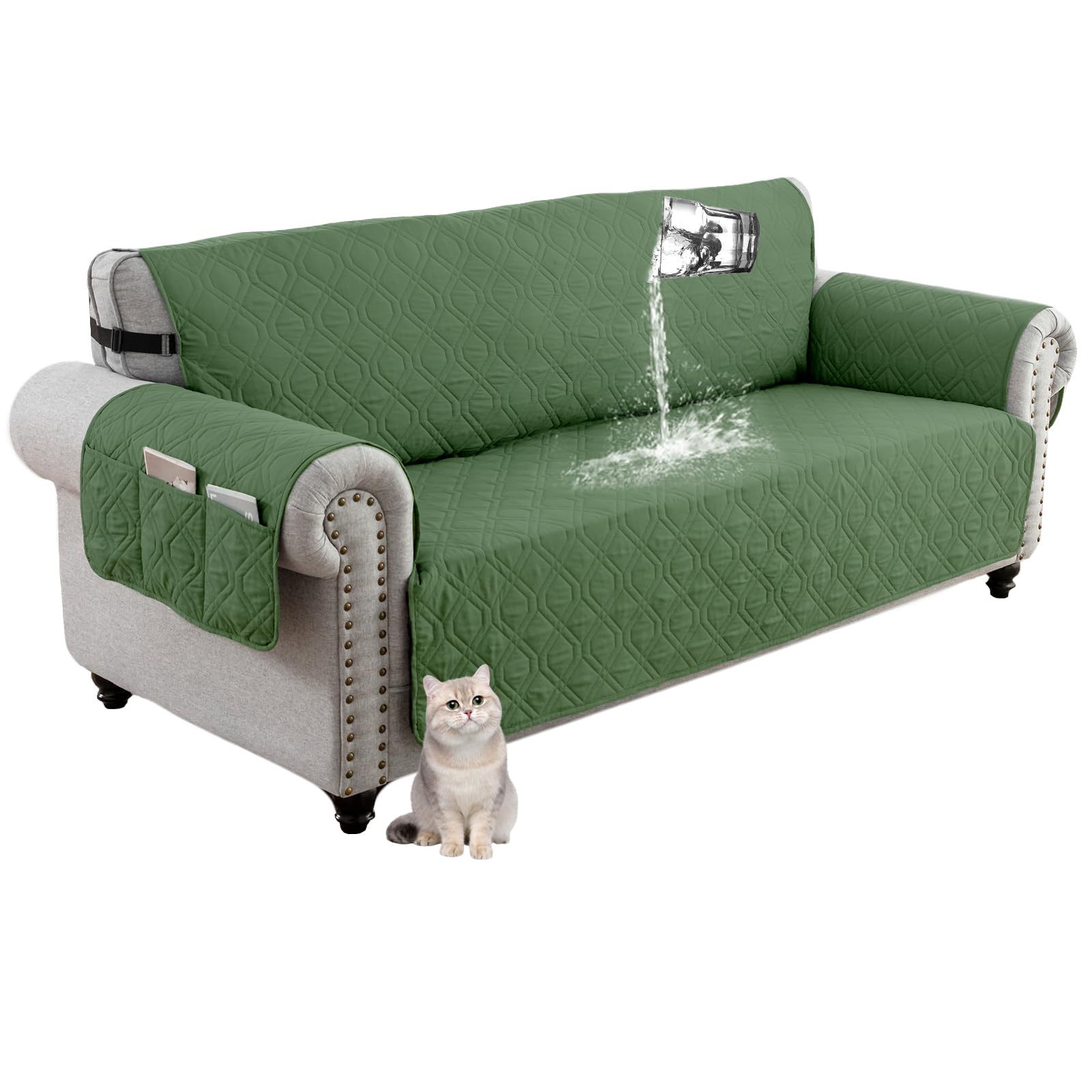 Funda impermeable para sofá de 2 plazas, apta para mascotas, con reposabrazos, resistente a los arañazos, ajuste universal para sofás de 1 a 4 plazas, color verde