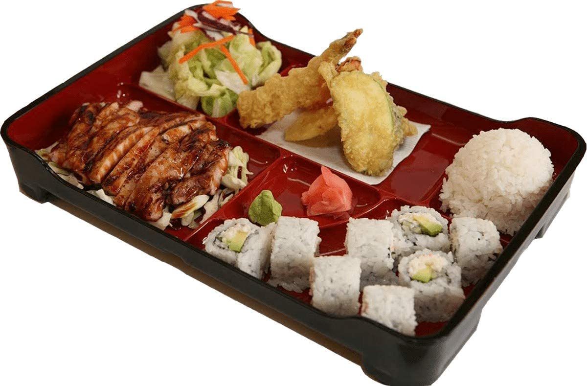 Boîte à bento traditionnelle japonaise à 6 compartiments, plateau Obento en plastique pour restaurant ou maison, 35,6 x 23,5 cm, rouge et noir, fabriquée au Japon