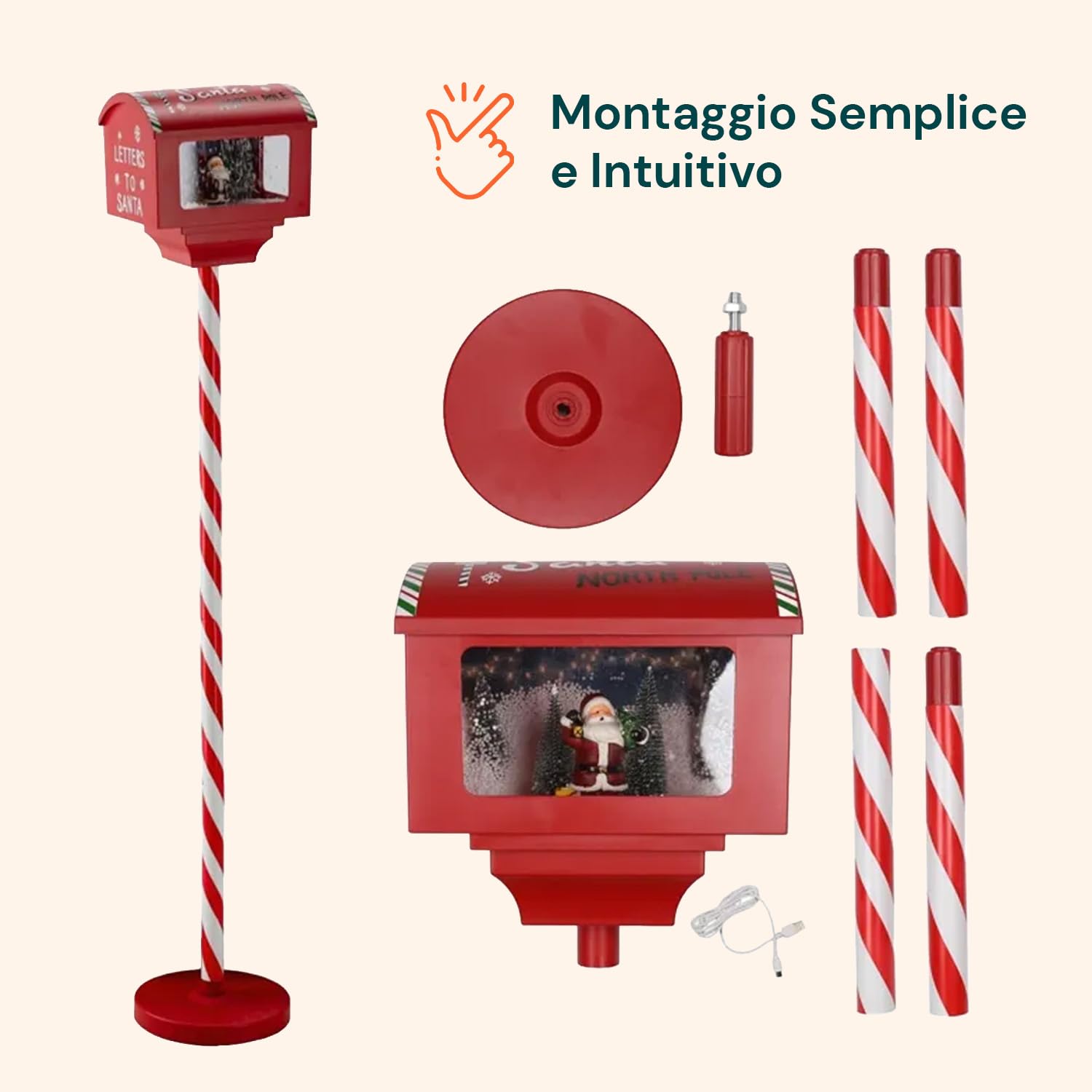 Wintem - Box Postale Scenografica 150cm con Luci, Suoni e Movimento per Decorazioni Natalizie di Grande Impatto, Funzionamento Tramite Cavo USB e 3 Batterie AA