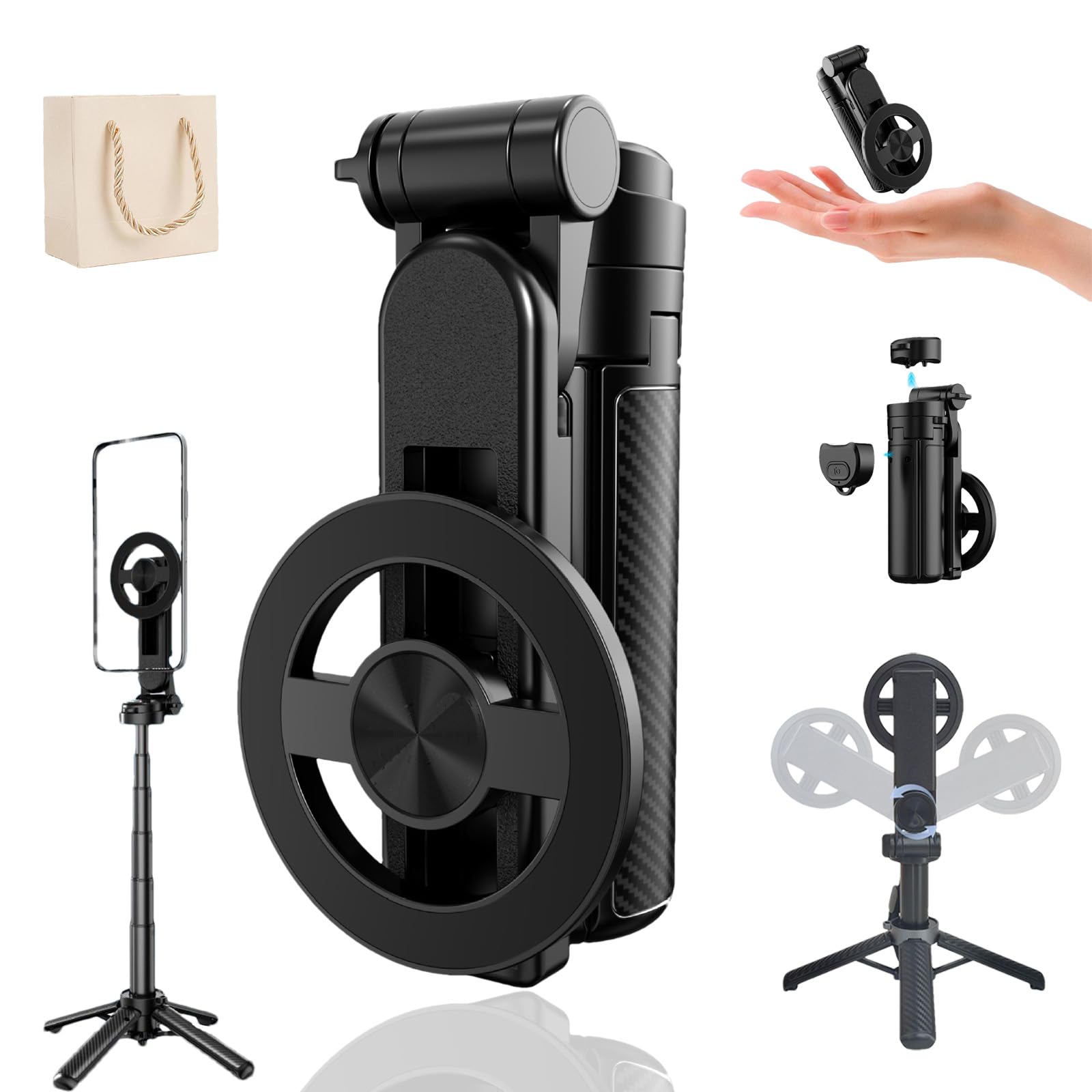 Bastone per selfie magnetico multifunzione 4 in 1, rotazione a 360°, treppiede portatile da viaggio con telecomando Bluetooth, per tutti i telefoni cellulari, registrazione video e vlogging (1 pezzo)