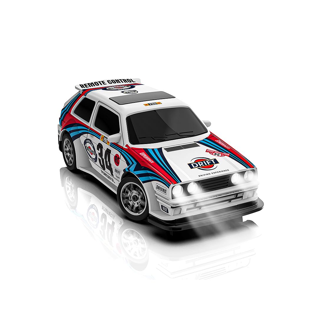Coche teledirigido 1:43, 2,4 GHz 4WD RC coche, iluminación LED, velocidad ajustable, neumáticos de carreras y pilones, RTR, vehículo interior y exterior