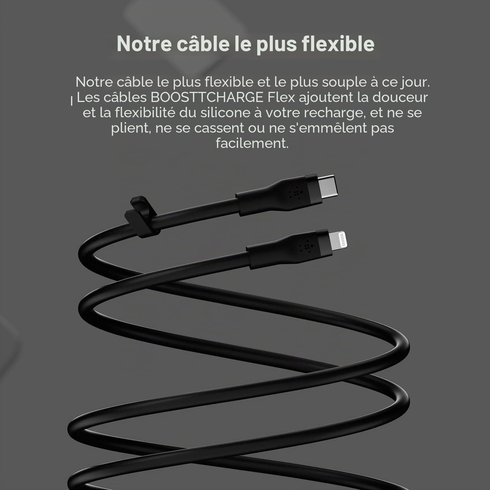 Belkin Câble USB-C vers Lightning BoostCharge Flex en silicone (3 m), certifié MFi (20 W), recharge Power Delivery pour iPhone 14/14 Plus, 13, 12, Pro, Max, mini, SE, iPad, etc. (noir)