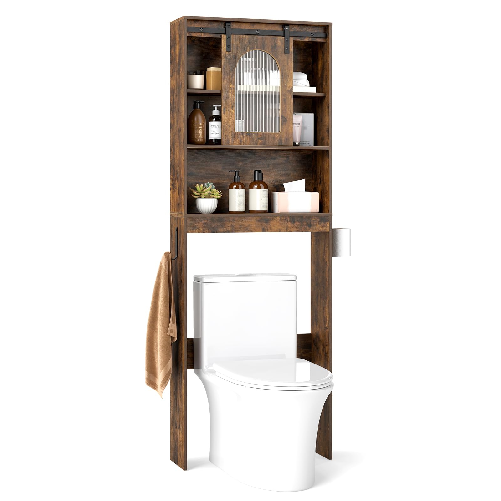 COSTWAY Over Toilet Storage Unit, Freestanding Bathroom Space Saver with Sliding Barn Door, Shelves & Toilet Paper Holder, Wooden Above-The-Toilet Cabinet Rack Organizer for Small Space (Rustic Brown)