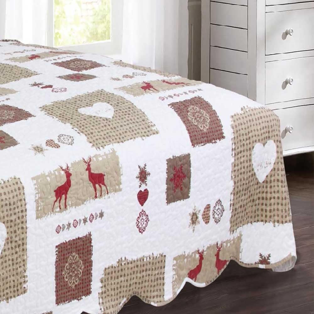 Boutis Montagne Mégève 180x240 cm + taie 65x65 - Couvre lit Ambiance Chalet, déco Cosy et qualité supérieure